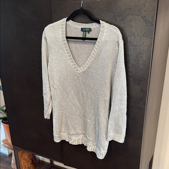 Ralph Lauren Silver Sparkle V-Neck Sweater Relaxed Fit Knit - Picture 1 of 5